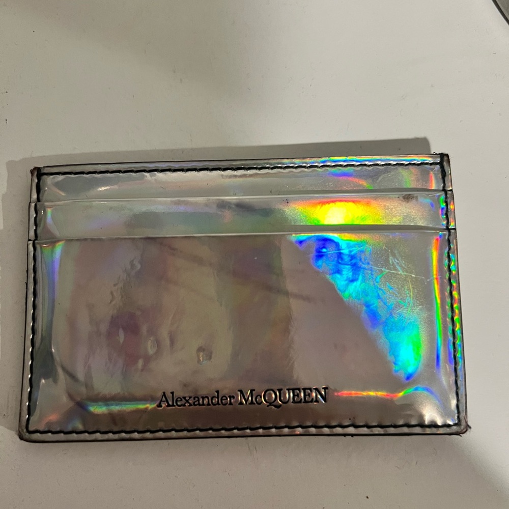 💀 Authentic Alexander McQueen iridescent reflective rainbow slick card holder